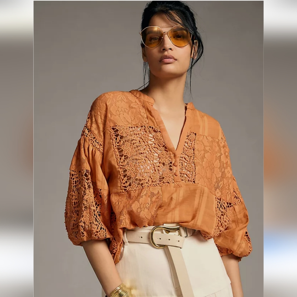 NWT Anthropologie The Odells Lace Patchwork Orange Blouse  - Size XS